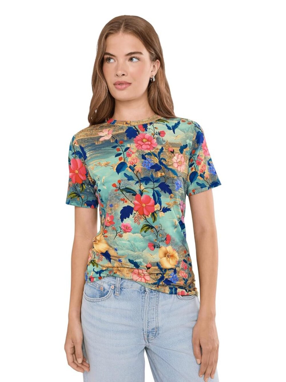 Johnny Was Janie Favorite Chemis Short Crew Tee Pink Floral Shirt Green Top NEW